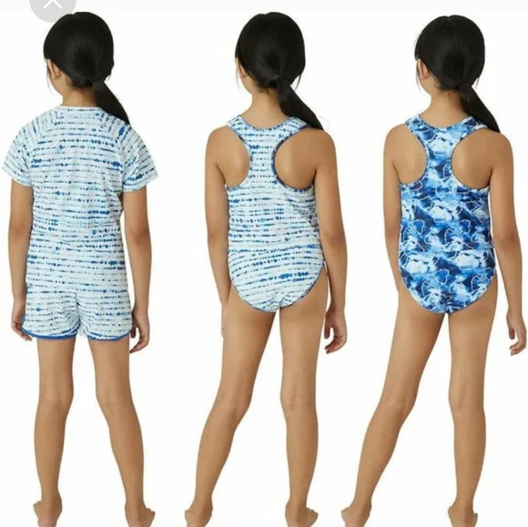 NWT Eddie Bauer Youth 4 Piece Mix & Match Reversible Swim Set Blue & Whi… - Picture 2 of 4